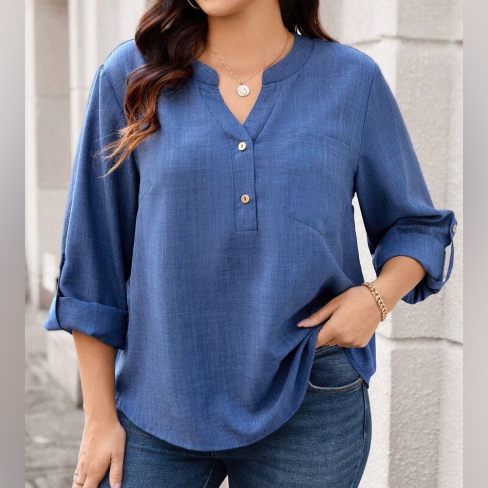 💖5 for $25💖 Women’s Blue Roll Tab Sleeve Blouse | Size Large (8/10) | NWOT